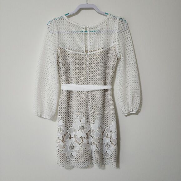 WHBM $200 Womens Guipure Lace Chemise Dress Size 6 Ecru Lined Tie-Belt Holiday - Picture 3 of 10